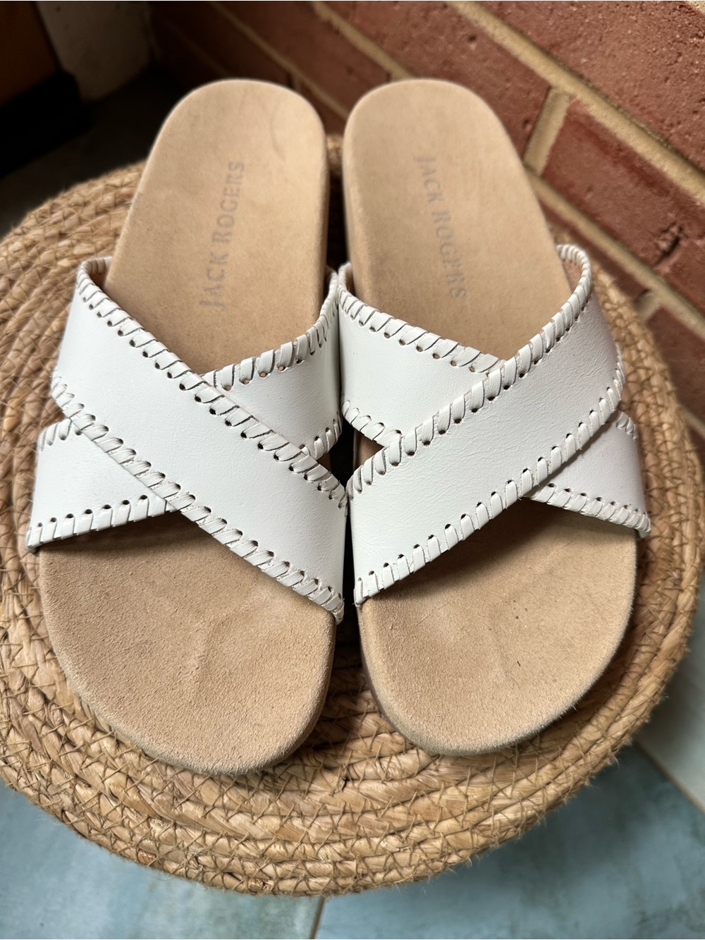 Jack Rogers White Lexi Crisscross Leather Slide Sandals